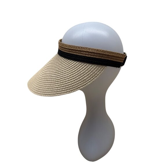 Women's Straw & Polyester Wide Brim Visor Hat With Adjustable Black Band - Picture 5 of 7